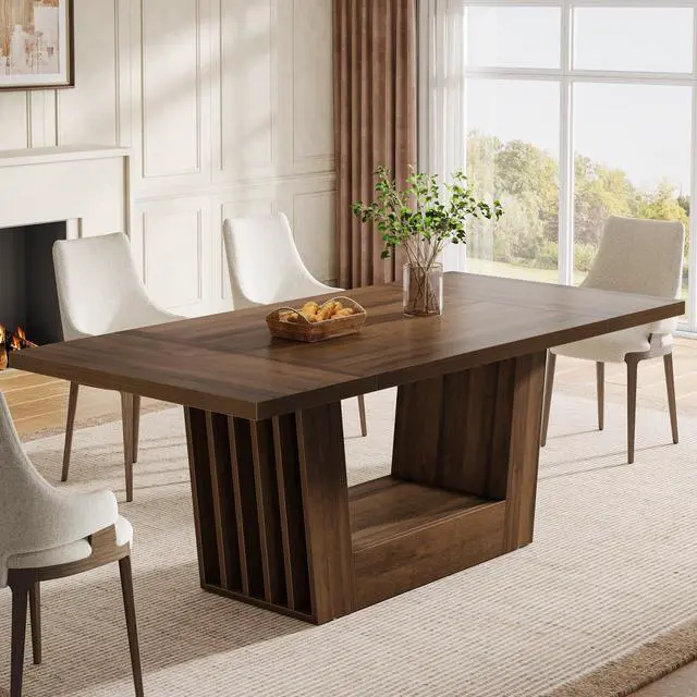 Alt view image 3 of 7 - Tribesigns 63-Inch Dining Table for 4-6, Farmhouse Rectangular Kitchen Dinner Table with Heavy-Duty Base, Wood Dining Room Furniture for Kitchen, Living Room, Home, Brown