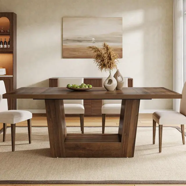 Alt view image 4 of 7 - Tribesigns 63-Inch Dining Table for 4-6, Farmhouse Rectangular Kitchen Dinner Table with Heavy-Duty Base, Wood Dining Room Furniture for Kitchen, Living Room, Home, Brown