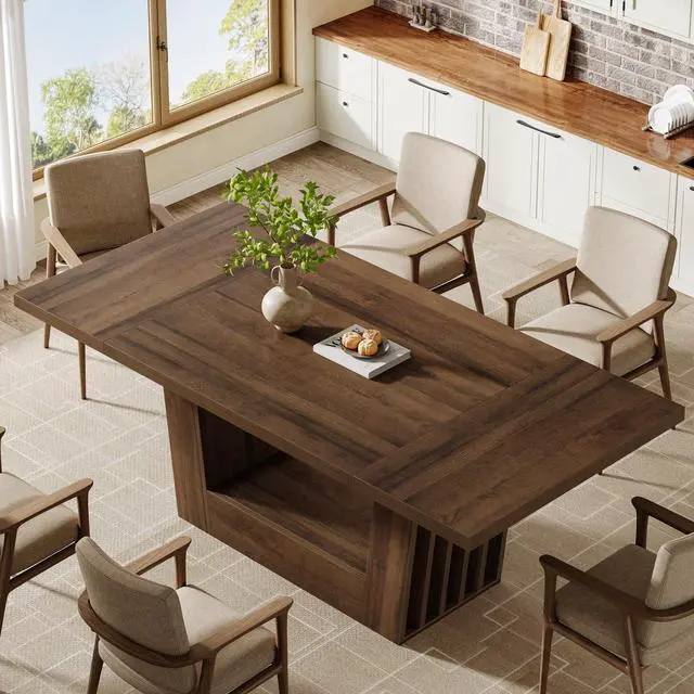 Alt view image 5 of 7 - Tribesigns 63-Inch Dining Table for 4-6, Farmhouse Rectangular Kitchen Dinner Table with Heavy-Duty Base, Wood Dining Room Furniture for Kitchen, Living Room, Home, Brown