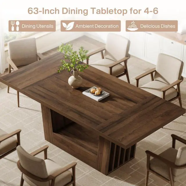 Alt view image 7 of 7 - Tribesigns 63-Inch Dining Table for 4-6, Farmhouse Rectangular Kitchen Dinner Table with Heavy-Duty Base, Wood Dining Room Furniture for Kitchen, Living Room, Home, Brown