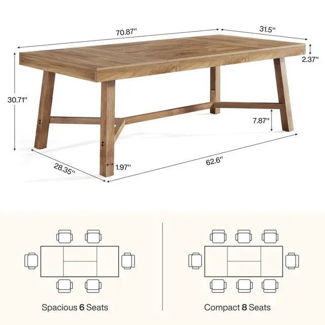 Alt view image 2 of 7 - Tribesigns 70.9-Inch Dining Table for 6-8, Large Farmhouse Kitchen Table with Reinforced Metal Legs for Kitchen & Dining & Living Room, Natural