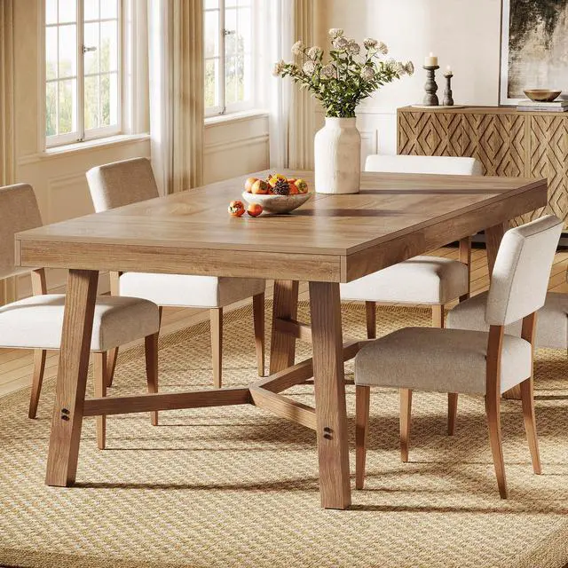Alt view image 6 of 7 - Tribesigns 70.9-Inch Dining Table for 6-8, Large Farmhouse Kitchen Table with Reinforced Metal Legs for Kitchen & Dining & Living Room, Natural