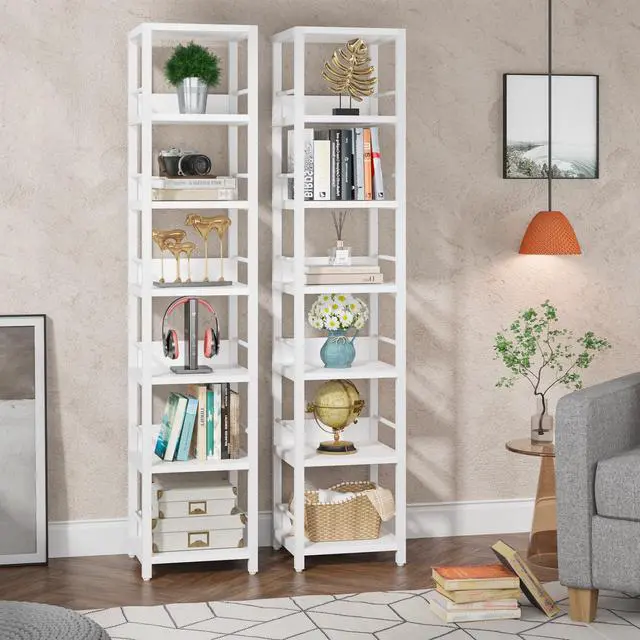 Main image of Tribesigns 6-Tier Corner Shelf, 75 Inch Tall Narrow Bookshelf Storage Rack, Etagere Shelves Display Stand for Small Spaces, Rustic Open Bookcase Square Shelf Tower for Living Room Bathroom