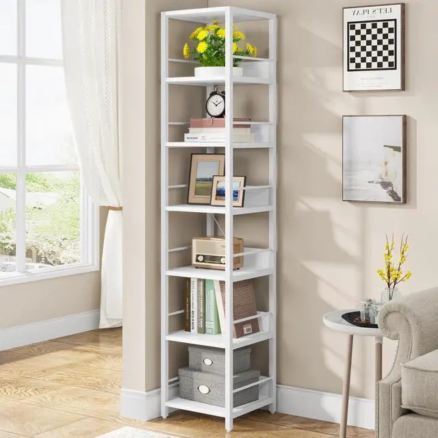 Alt view image 2 of 7 - Tribesigns 6-Tier Corner Shelf, 75 Inch Tall Narrow Bookshelf Storage Rack, Etagere Shelves Display Stand for Small Spaces, Rustic Open Bookcase Square Shelf Tower for Living Room Bathroom