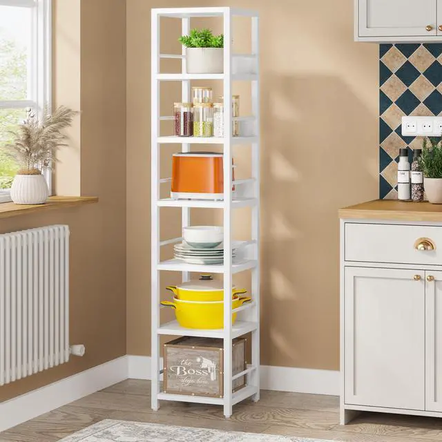 Alt view image 3 of 7 - Tribesigns 6-Tier Corner Shelf, 75 Inch Tall Narrow Bookshelf Storage Rack, Etagere Shelves Display Stand for Small Spaces, Rustic Open Bookcase Square Shelf Tower for Living Room Bathroom