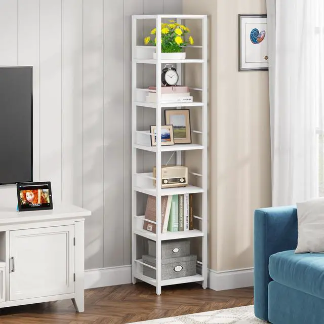 Alt view image 4 of 7 - Tribesigns 6-Tier Corner Shelf, 75 Inch Tall Narrow Bookshelf Storage Rack, Etagere Shelves Display Stand for Small Spaces, Rustic Open Bookcase Square Shelf Tower for Living Room Bathroom