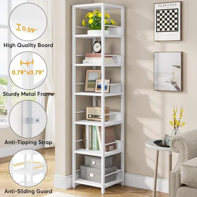 Alt view image 6 of 7 - Tribesigns 6-Tier Corner Shelf, 75 Inch Tall Narrow Bookshelf Storage Rack, Etagere Shelves Display Stand for Small Spaces, Rustic Open Bookcase Square Shelf Tower for Living Room Bathroom