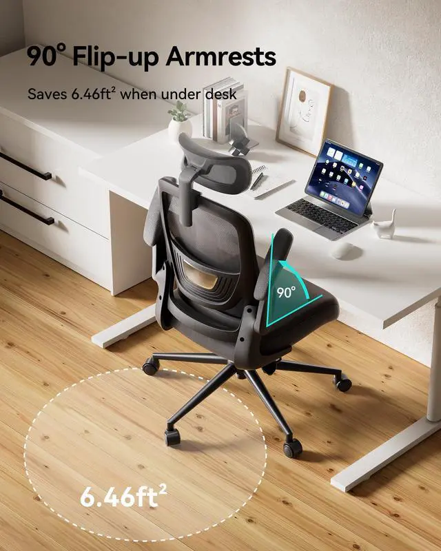 Alt view image 3 of 7 - Hbada P1 Ergonomic Office Chair, Desk Chair with Adjustable Lumbar Support, Home Office Desk Chair with 2D Headrest, Flip-up Armrest, Swivel Computer Chair, Black