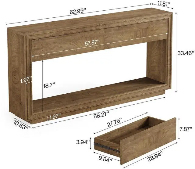 Alt view image 2 of 7 - Tribesigns 63" Console Table with 2 Drawers, Farmhouse Entryway Table with Open Storage Shelf, Wooden Sofa Console Behind the Couch for Living Room, Hallway, Foyer, Brown