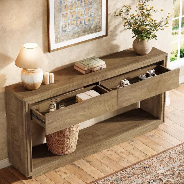 Alt view image 3 of 7 - Tribesigns 63" Console Table with 2 Drawers, Farmhouse Entryway Table with Open Storage Shelf, Wooden Sofa Console Behind the Couch for Living Room, Hallway, Foyer, Brown