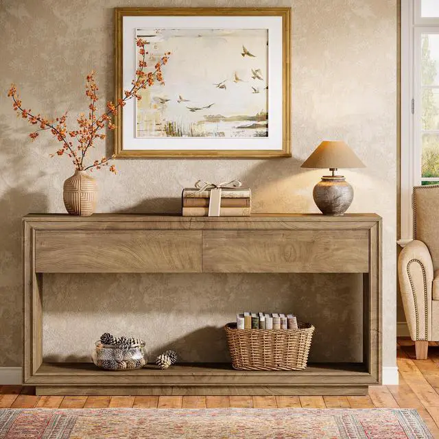 Main image of Tribesigns 63" Console Table with 2 Drawers, Farmhouse Entryway Table with Open Storage Shelf, Wooden Sofa Console Behind the Couch for Living Room, Hallway, Foyer, Brown
