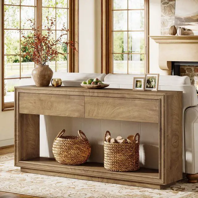 Alt view image 4 of 7 - Tribesigns 63" Console Table with 2 Drawers, Farmhouse Entryway Table with Open Storage Shelf, Wooden Sofa Console Behind the Couch for Living Room, Hallway, Foyer, Brown