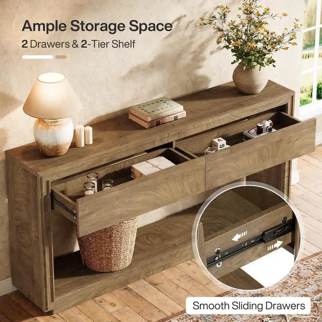 Alt view image 5 of 7 - Tribesigns 63" Console Table with 2 Drawers, Farmhouse Entryway Table with Open Storage Shelf, Wooden Sofa Console Behind the Couch for Living Room, Hallway, Foyer, Brown
