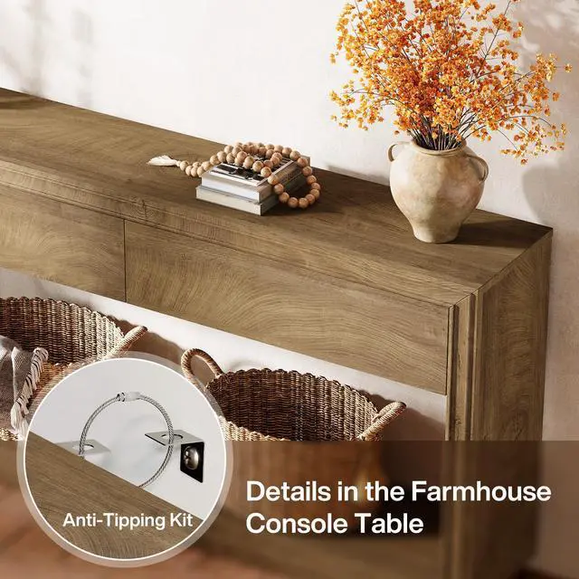 Alt view image 6 of 7 - Tribesigns 63" Console Table with 2 Drawers, Farmhouse Entryway Table with Open Storage Shelf, Wooden Sofa Console Behind the Couch for Living Room, Hallway, Foyer, Brown