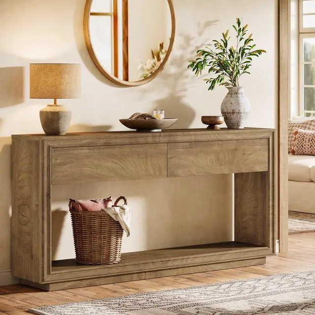 Alt view image 7 of 7 - Tribesigns 63" Console Table with 2 Drawers, Farmhouse Entryway Table with Open Storage Shelf, Wooden Sofa Console Behind the Couch for Living Room, Hallway, Foyer, Brown