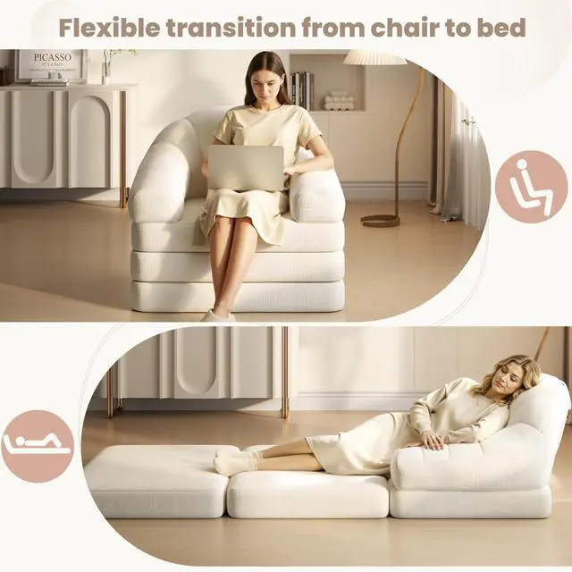 Alt view image 5 of 7 - Yaheetech 93" Folding Sofa Bed Convertible Sofa 2 in 1 Sleeper Chair Bed Foldable Couch with Handle Chenille Couch for Living Room, Bedroom, Apartment Beige