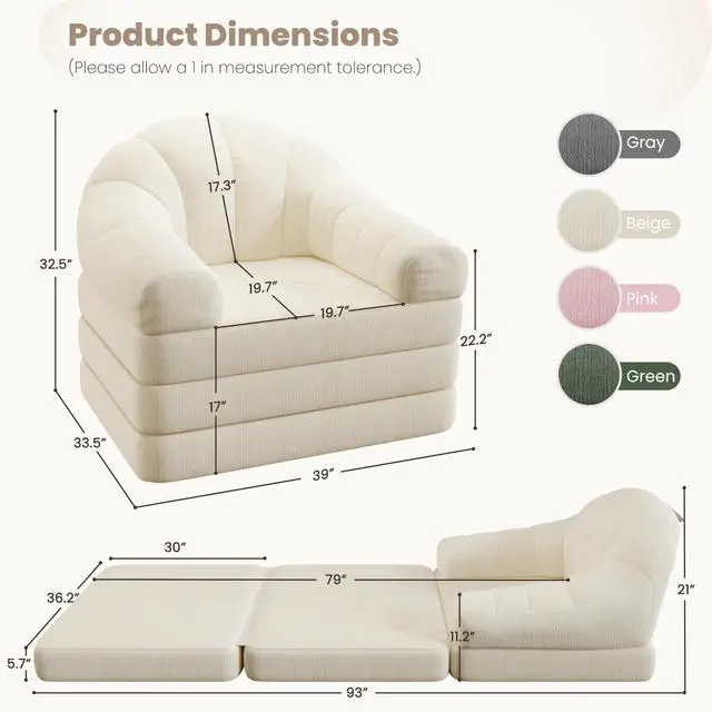 Alt view image 2 of 7 - Yaheetech 93" Folding Sofa Bed Convertible Sofa 2 in 1 Sleeper Chair Bed Foldable Couch with Handle Chenille Couch for Living Room, Bedroom, Apartment Beige