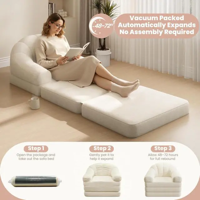 Alt view image 7 of 7 - Yaheetech 93" Folding Sofa Bed Convertible Sofa 2 in 1 Sleeper Chair Bed Foldable Couch with Handle Chenille Couch for Living Room, Bedroom, Apartment Beige