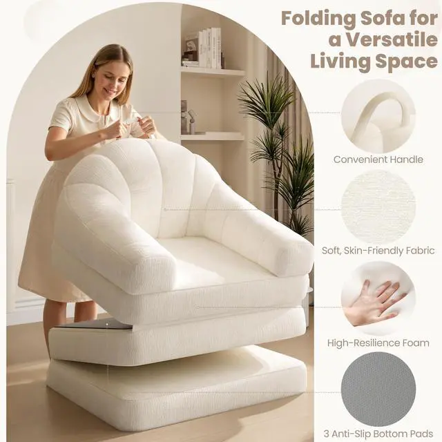 Alt view image 6 of 7 - Yaheetech 93" Folding Sofa Bed Convertible Sofa 2 in 1 Sleeper Chair Bed Foldable Couch with Handle Chenille Couch for Living Room, Bedroom, Apartment Beige