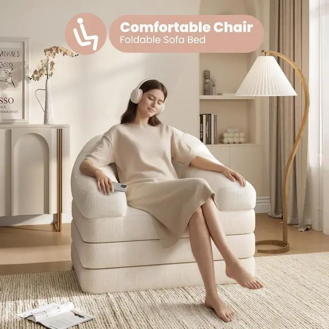 Alt view image 4 of 7 - Yaheetech 93" Folding Sofa Bed Convertible Sofa 2 in 1 Sleeper Chair Bed Foldable Couch with Handle Chenille Couch for Living Room, Bedroom, Apartment Beige
