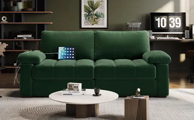 Main image of Yaheetech 79" Velvet Modern Sofa Couch with Storage Pockets and USB Ports, 2 Seater Comfy Loveseat Sleeper with Removable Armrest Pillow & Cover for Living Room, Apartment, Bedroom, Green