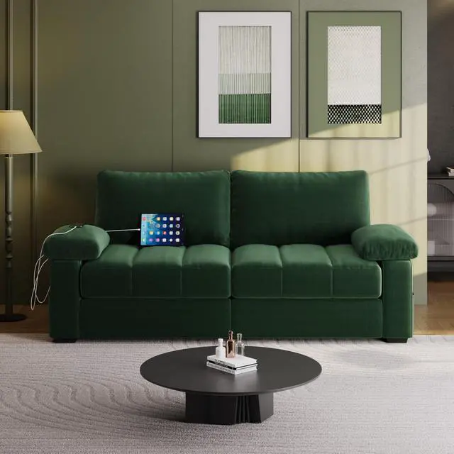 Alt view image 2 of 7 - Yaheetech 79" Velvet Modern Sofa Couch with Storage Pockets and USB Ports, 2 Seater Comfy Loveseat Sleeper with Removable Armrest Pillow & Cover for Living Room, Apartment, Bedroom, Green