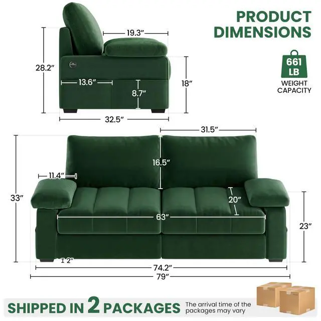 Alt view image 3 of 7 - Yaheetech 79" Velvet Modern Sofa Couch with Storage Pockets and USB Ports, 2 Seater Comfy Loveseat Sleeper with Removable Armrest Pillow & Cover for Living Room, Apartment, Bedroom, Green