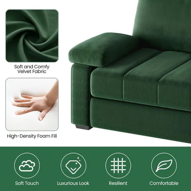 Alt view image 6 of 7 - Yaheetech 79" Velvet Modern Sofa Couch with Storage Pockets and USB Ports, 2 Seater Comfy Loveseat Sleeper with Removable Armrest Pillow & Cover for Living Room, Apartment, Bedroom, Green