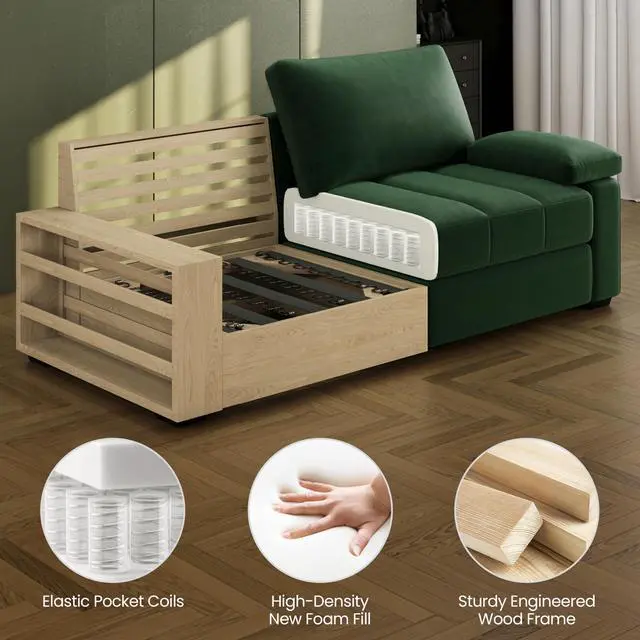 Alt view image 7 of 7 - Yaheetech 79" Velvet Modern Sofa Couch with Storage Pockets and USB Ports, 2 Seater Comfy Loveseat Sleeper with Removable Armrest Pillow & Cover for Living Room, Apartment, Bedroom, Green