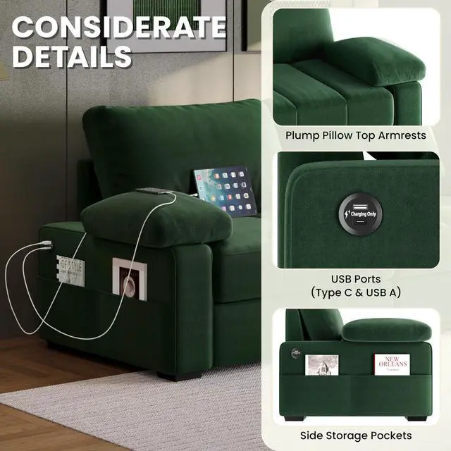 Alt view image 5 of 7 - Yaheetech 79" Velvet Modern Sofa Couch with Storage Pockets and USB Ports, 2 Seater Comfy Loveseat Sleeper with Removable Armrest Pillow & Cover for Living Room, Apartment, Bedroom, Green