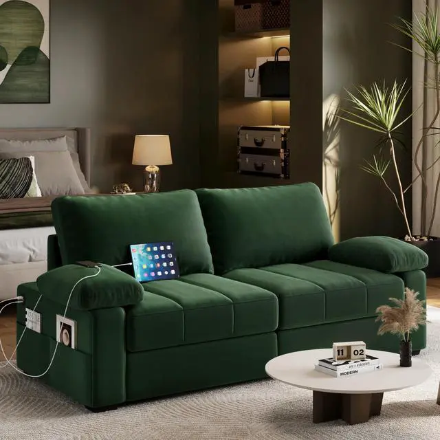 Alt view image 4 of 7 - Yaheetech 79" Velvet Modern Sofa Couch with Storage Pockets and USB Ports, 2 Seater Comfy Loveseat Sleeper with Removable Armrest Pillow & Cover for Living Room, Apartment, Bedroom, Green
