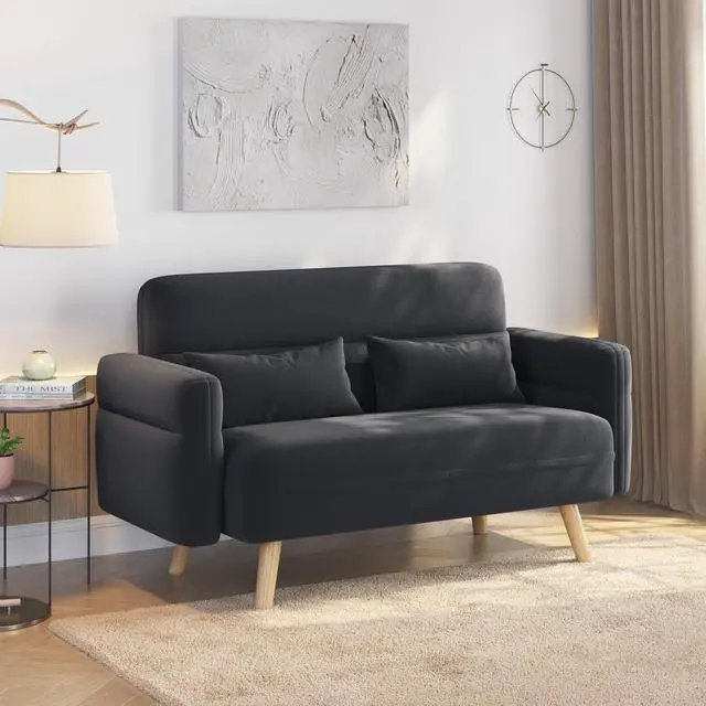 Main image of Yaheetech 46" Small Modern Fabric Sofa Loveseat Mid Century 2 Seater Sofa Couch with Lumbar Pillows, Solid Wood Legs for Living Room, Small Space, Dorm, Office, Bedroom, Dark Gray