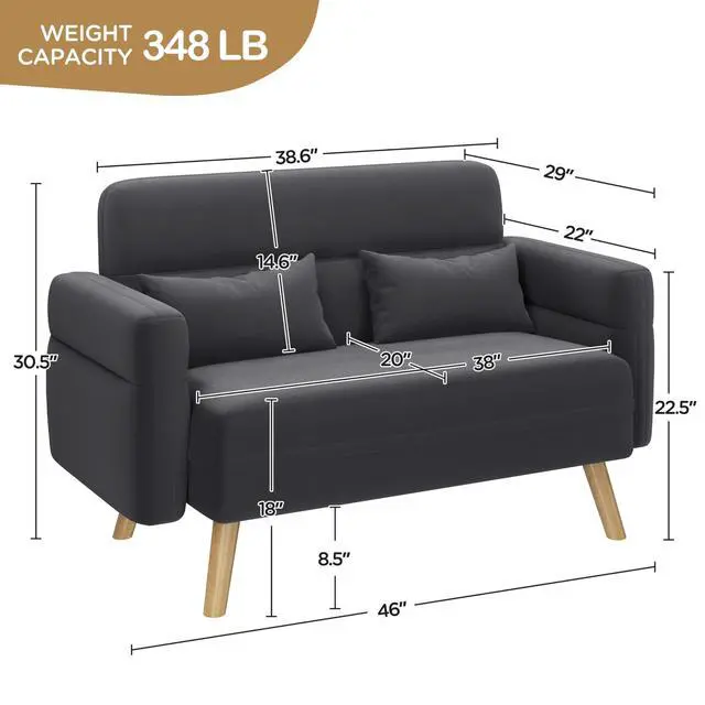 Alt view image 3 of 7 - Yaheetech 46" Small Modern Fabric Sofa Loveseat Mid Century 2 Seater Sofa Couch with Lumbar Pillows, Solid Wood Legs for Living Room, Small Space, Dorm, Office, Bedroom, Dark Gray