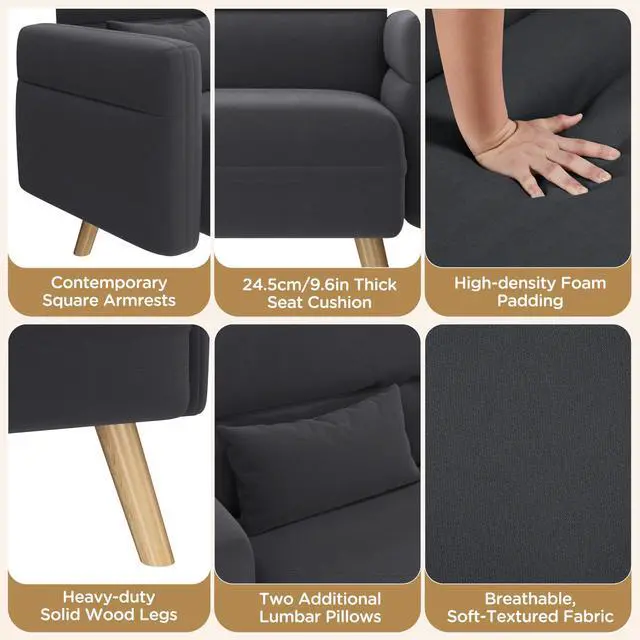 Alt view image 5 of 7 - Yaheetech 46" Small Modern Fabric Sofa Loveseat Mid Century 2 Seater Sofa Couch with Lumbar Pillows, Solid Wood Legs for Living Room, Small Space, Dorm, Office, Bedroom, Dark Gray