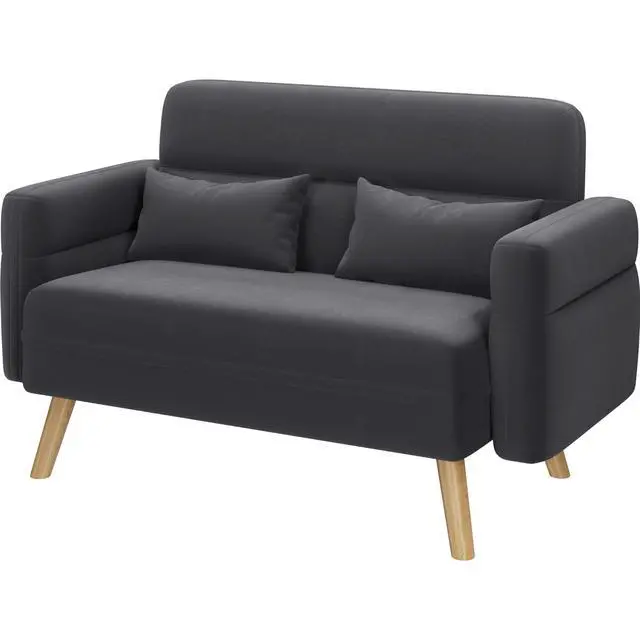 Alt view image 4 of 7 - Yaheetech 46" Small Modern Fabric Sofa Loveseat Mid Century 2 Seater Sofa Couch with Lumbar Pillows, Solid Wood Legs for Living Room, Small Space, Dorm, Office, Bedroom, Dark Gray