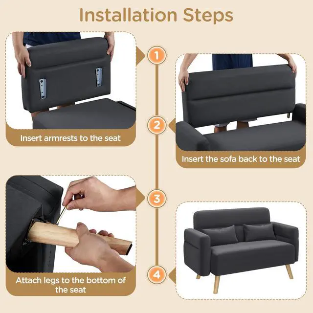 Alt view image 7 of 7 - Yaheetech 46" Small Modern Fabric Sofa Loveseat Mid Century 2 Seater Sofa Couch with Lumbar Pillows, Solid Wood Legs for Living Room, Small Space, Dorm, Office, Bedroom, Dark Gray