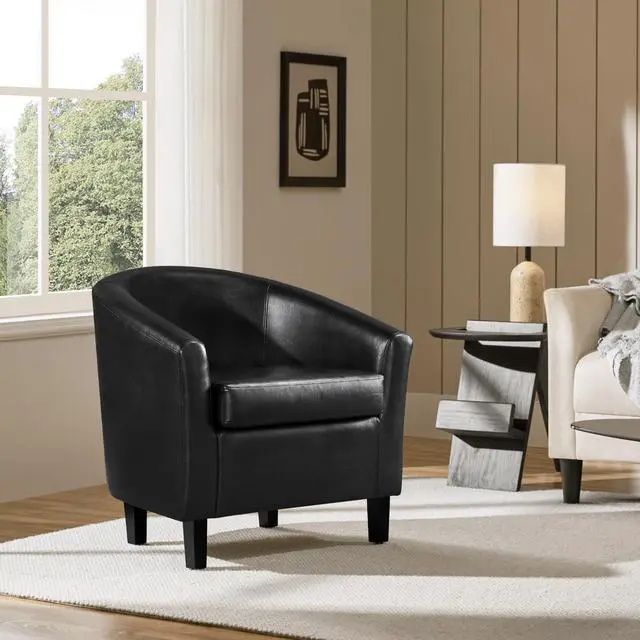 Alt view image 2 of 7 - Yaheetech Barrel Chair, Faux Leather Accent Chair with Soft Padded and Sturdy Legs for Living Room/Bedroom/Study/Waiting Room, Black
