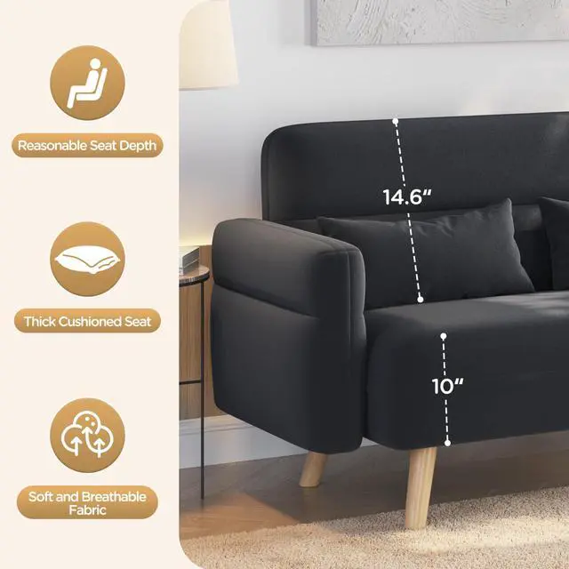 Alt view image 6 of 7 - Yaheetech 46" Small Modern Fabric Sofa Loveseat Mid Century 2 Seater Sofa Couch with Lumbar Pillows, Solid Wood Legs for Living Room, Small Space, Dorm, Office, Bedroom, Dark Gray