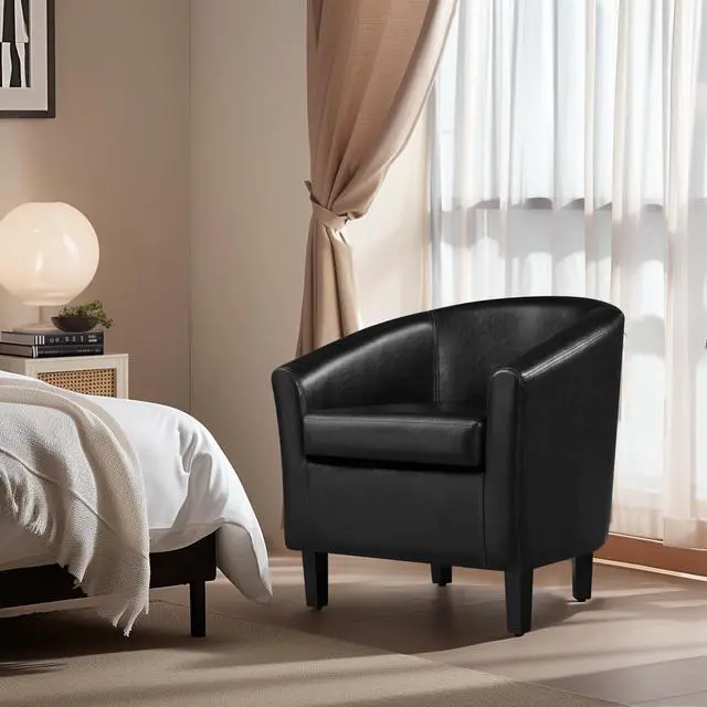 Alt view image 4 of 7 - Yaheetech Barrel Chair, Faux Leather Accent Chair with Soft Padded and Sturdy Legs for Living Room/Bedroom/Study/Waiting Room, Black