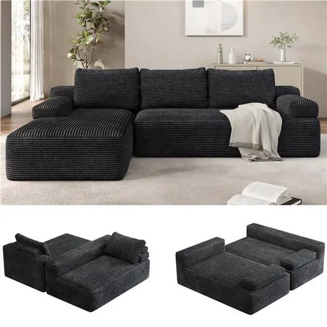 Main image of Yaheetech 110" Modular Sectional Sofa Corduroy Boneless Couch with Chaise L-Shape Cloud Couch with Detachable Pillows No Assembly Sofa for Living Room, Dark Gray