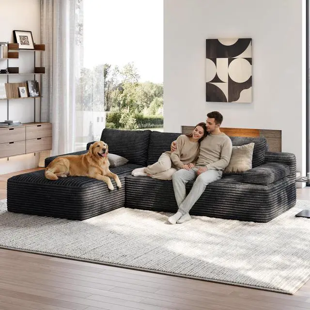 Alt view image 2 of 7 - Yaheetech 110" Modular Sectional Sofa Corduroy Boneless Couch with Chaise L-Shape Cloud Couch with Detachable Pillows No Assembly Sofa for Living Room, Dark Gray