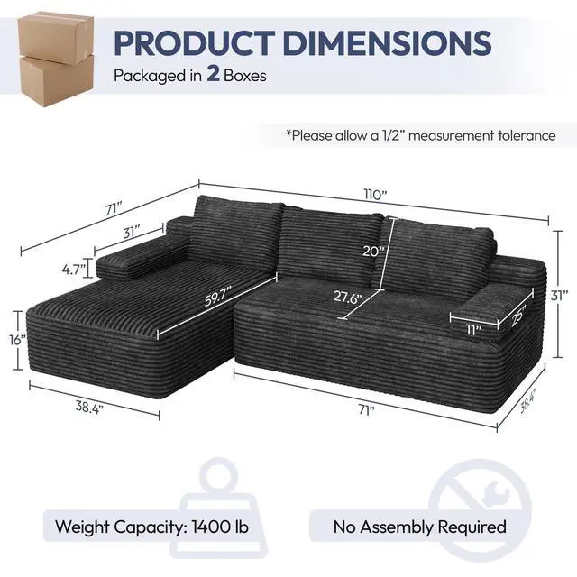Alt view image 3 of 7 - Yaheetech 110" Modular Sectional Sofa Corduroy Boneless Couch with Chaise L-Shape Cloud Couch with Detachable Pillows No Assembly Sofa for Living Room, Dark Gray