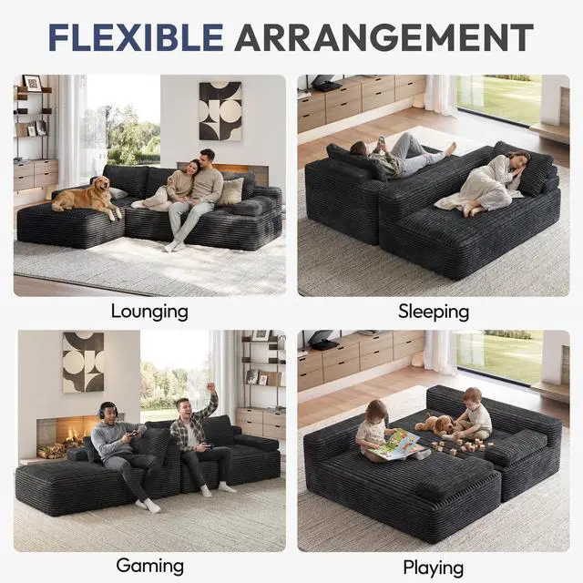 Alt view image 4 of 7 - Yaheetech 110" Modular Sectional Sofa Corduroy Boneless Couch with Chaise L-Shape Cloud Couch with Detachable Pillows No Assembly Sofa for Living Room, Dark Gray