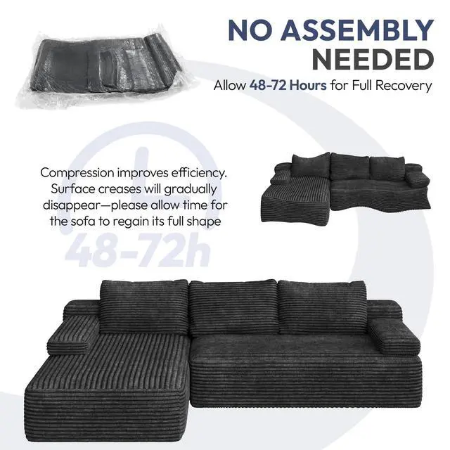 Alt view image 6 of 7 - Yaheetech 110" Modular Sectional Sofa Corduroy Boneless Couch with Chaise L-Shape Cloud Couch with Detachable Pillows No Assembly Sofa for Living Room, Dark Gray