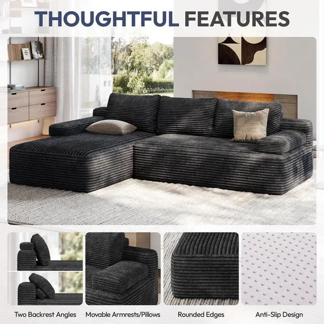 Alt view image 5 of 7 - Yaheetech 110" Modular Sectional Sofa Corduroy Boneless Couch with Chaise L-Shape Cloud Couch with Detachable Pillows No Assembly Sofa for Living Room, Dark Gray