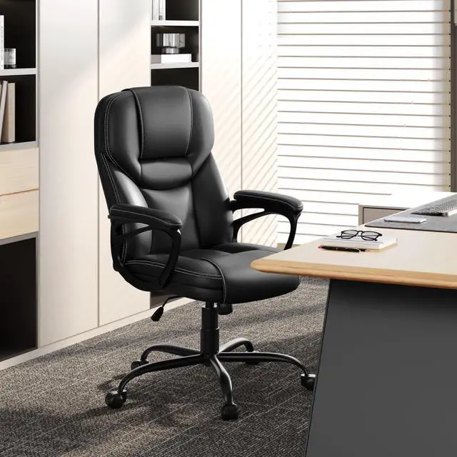 Alt view image 4 of 7 - Yaheetech High Back Executive Office Chair Faux Leather Ergonomic Managerial Chair for Meeting,Large Seat,Sturdy Metal Base,Black