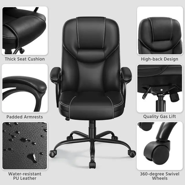 Alt view image 6 of 7 - Yaheetech High Back Executive Office Chair Faux Leather Ergonomic Managerial Chair for Meeting,Large Seat,Sturdy Metal Base,Black