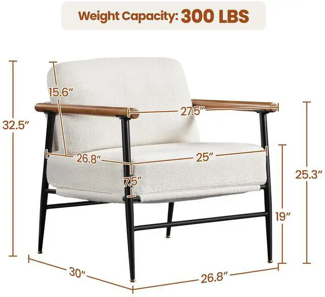 Alt view image 3 of 7 - Yaheetech Accent Chair, Modern Vanity Chair, Boucle Fabric Lounge Chair with Metal Frame, Plush Back Pillow and Seat Cushion Pocket Coil Seat for Living Room Bedroom Makeup Room, Ivory