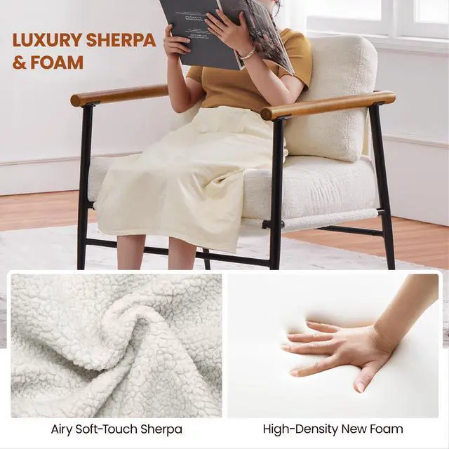 Alt view image 4 of 7 - Yaheetech Accent Chair, Modern Vanity Chair, Boucle Fabric Lounge Chair with Metal Frame, Plush Back Pillow and Seat Cushion Pocket Coil Seat for Living Room Bedroom Makeup Room, Ivory