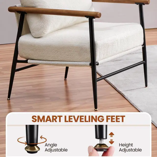 Alt view image 7 of 7 - Yaheetech Accent Chair, Modern Vanity Chair, Boucle Fabric Lounge Chair with Metal Frame, Plush Back Pillow and Seat Cushion Pocket Coil Seat for Living Room Bedroom Makeup Room, Ivory